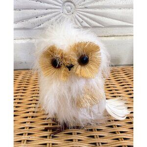 Vintage 70's Feather & Straw Snowy White Baby Owl Sclupture